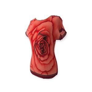 Vintage Micro Pleated Top S/M Red Rose Beaded Plisse Art to Wear